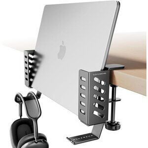 Adjustable vertical laptop stand desk mount space saving holder with bag hook